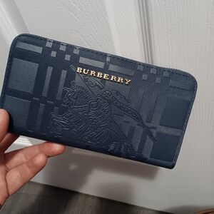 Burberry Navy Embossed Check Zip Card Holder with Gold Logo